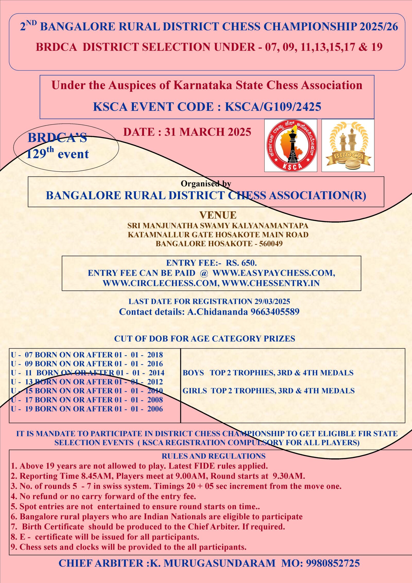 BRDCA DISTRICT SELECTION - Karnataka State Chess Association